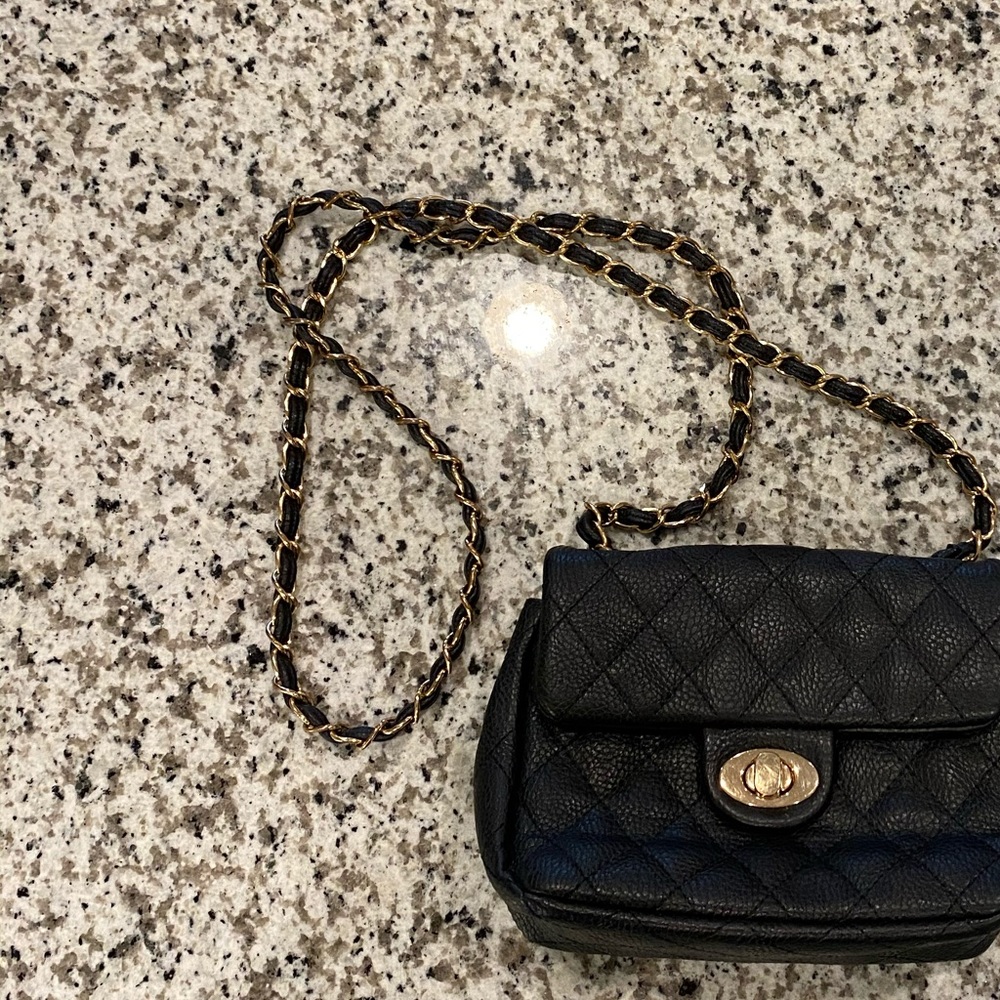 Black Leather Crossbody Purse with Gold Chain